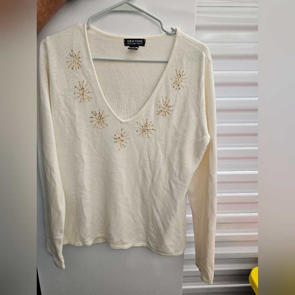 New York & Company Ivory Embellished V-Neck Sweater